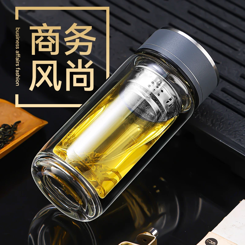 手工烧制玻璃杯男士茶水杯 双层便携车载大容量茶水杯加厚高档