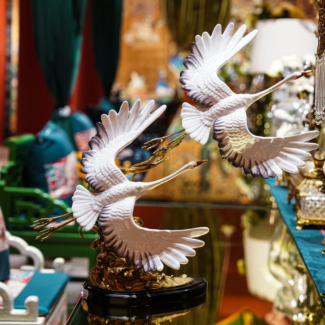 【本尼家】TL65瓷镶铜双飞仙鹤展示柜装饰客厅桌面玄关摆件