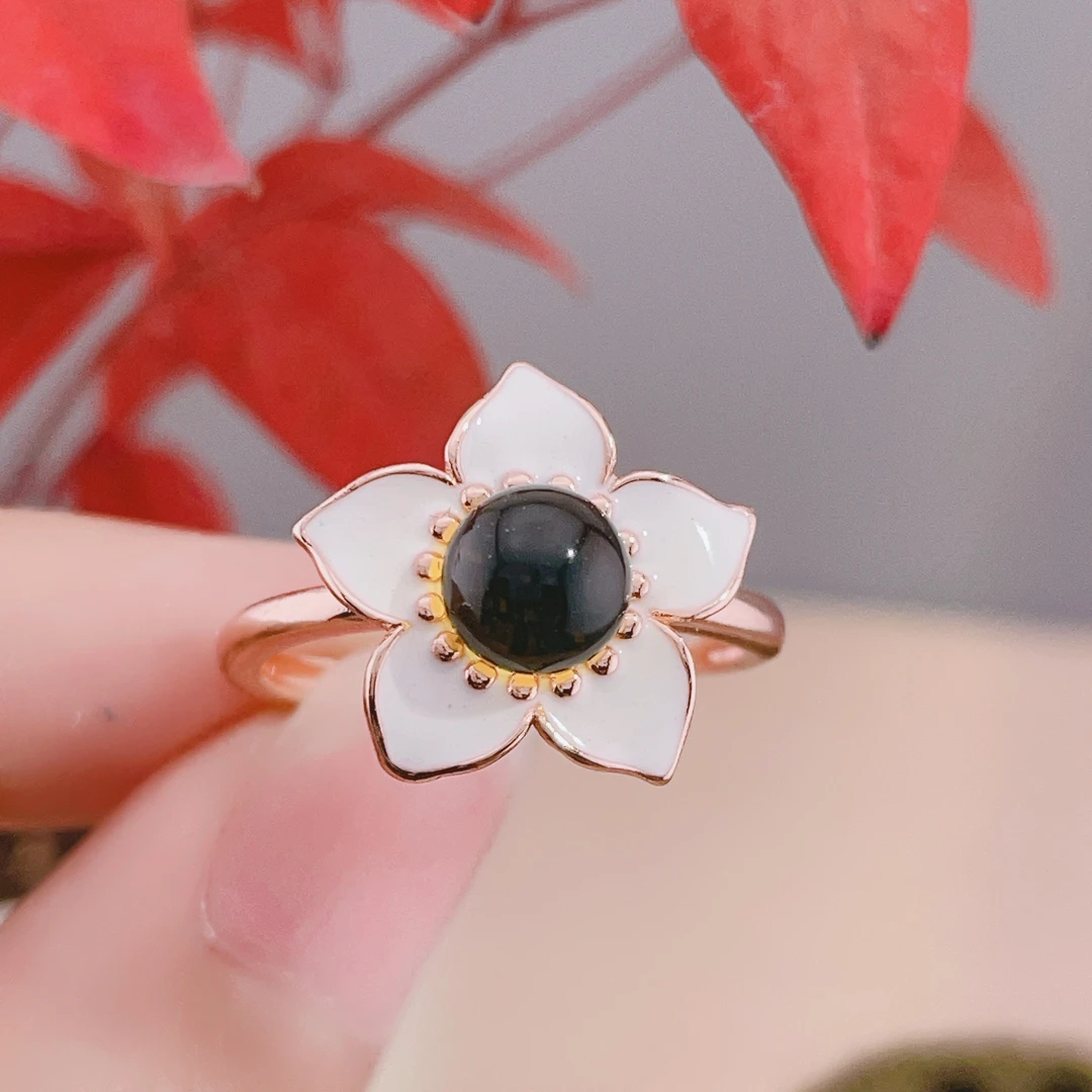 正品天然琥珀蓝珀女士戒指珐琅彩绘工艺五瓣花设计时尚轻奢款F22