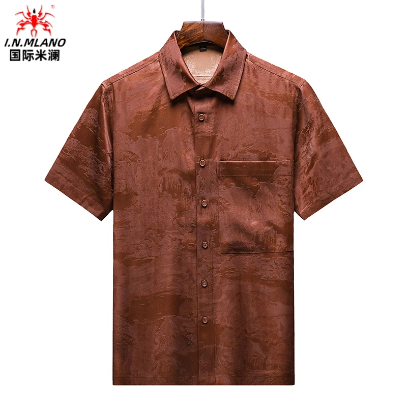 香云纱男真丝短袖中国风中式男士唐装薄款上衣桑蚕丝翻领夏季衬衫