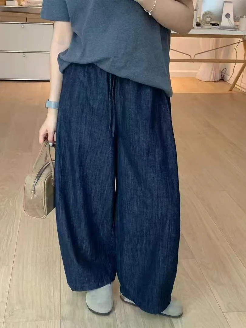 「金小姐」复古松紧腰抽绳亚麻牛仔裤～