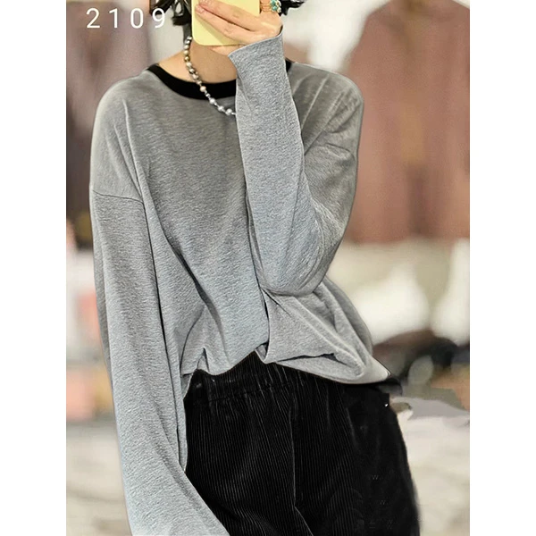 胸120-160长77卷边拼色长袖设计感基础简约T恤上衣 1559
