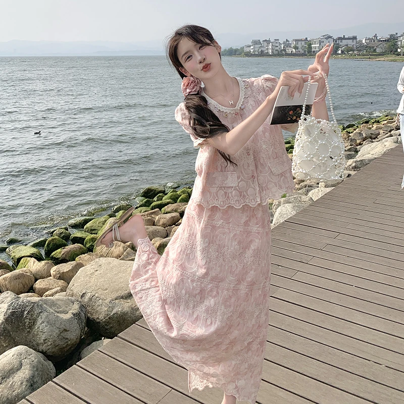 粉色时尚名媛显瘦小香风套装女夏新款设计感时尚蕾丝半身裙两件套