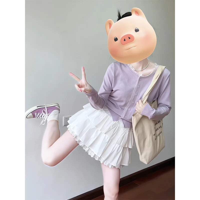 蕾丝奶fufu圆领针织开衫宽松上衣芭蕾短裙高腰a字半身蓬蓬蛋糕裙