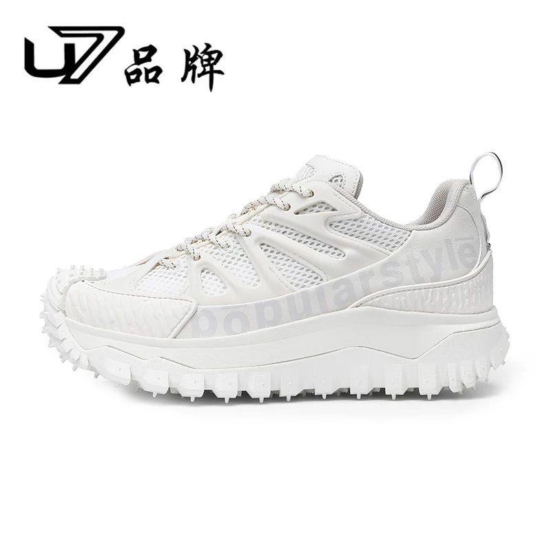 U7品牌男鞋 特殊材质配透气网 2025新款白色厚底户外休闲运动男鞋