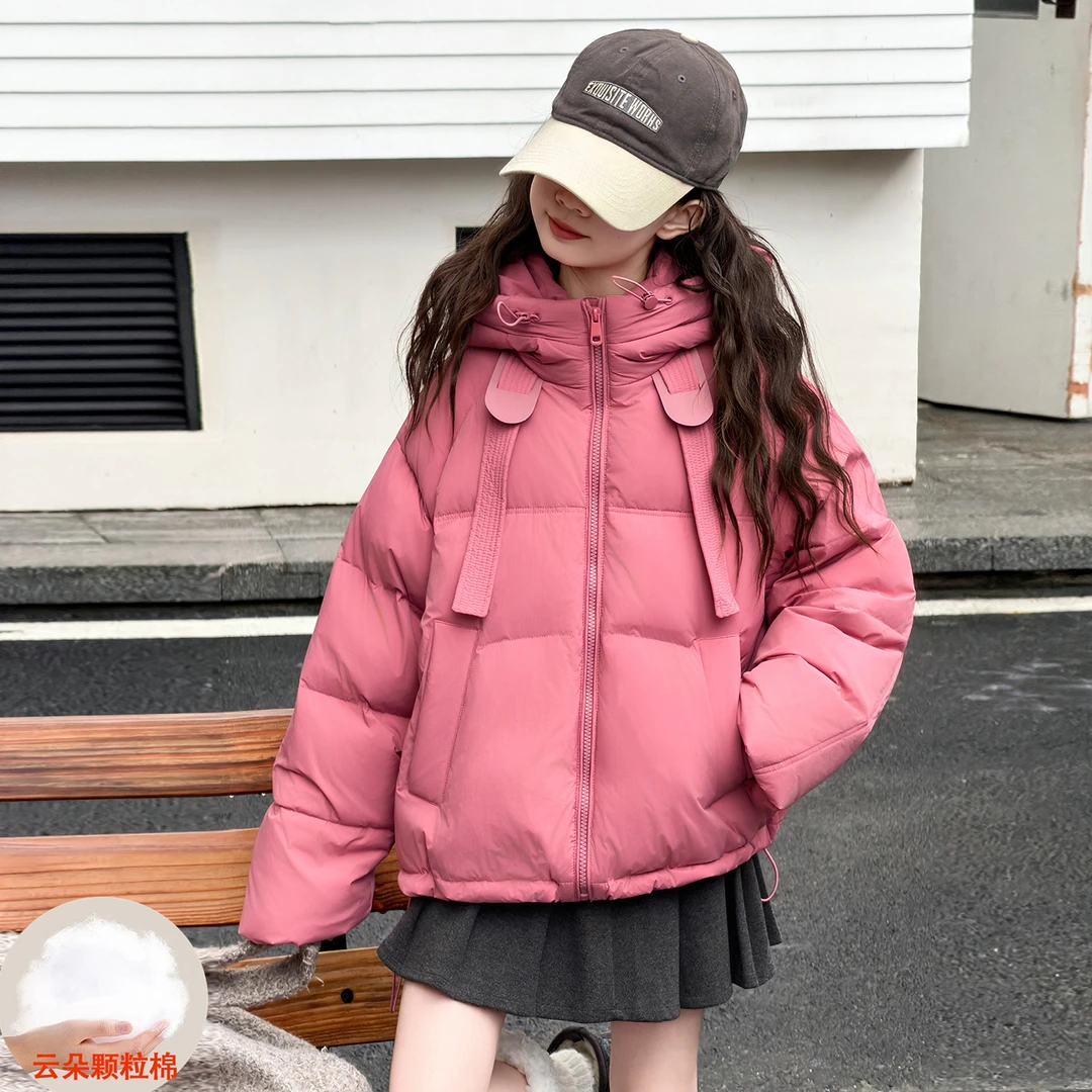 【酷哒仔】女童皮标夹棉加厚连帽棉袄2025秋冬装棉服中大童学生棉衣