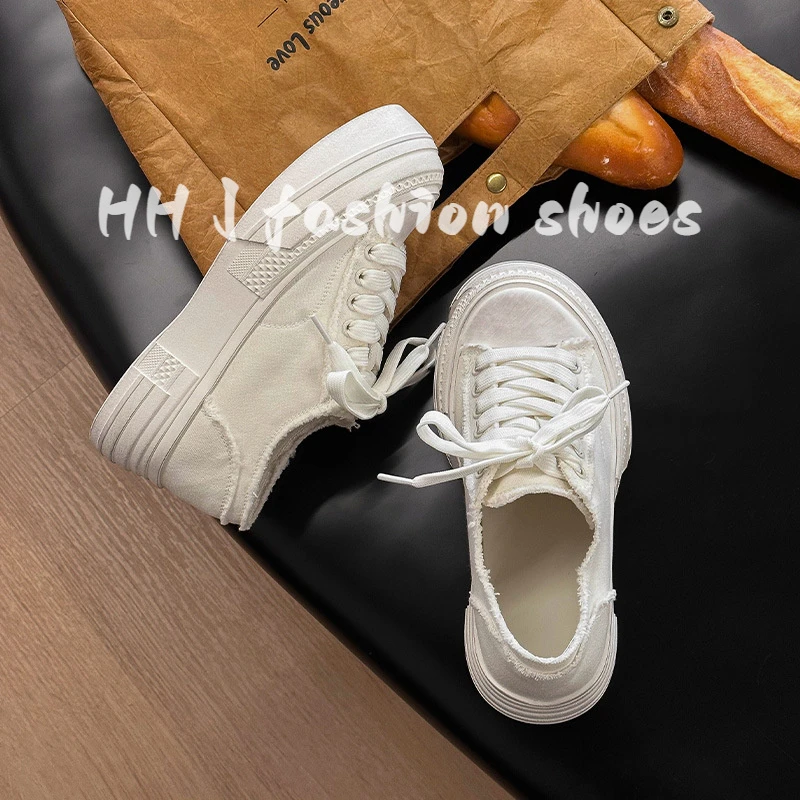 厚底帆布鞋女2025新款复古擦色做旧底系带低帮脏脏鞋松糕底小白鞋