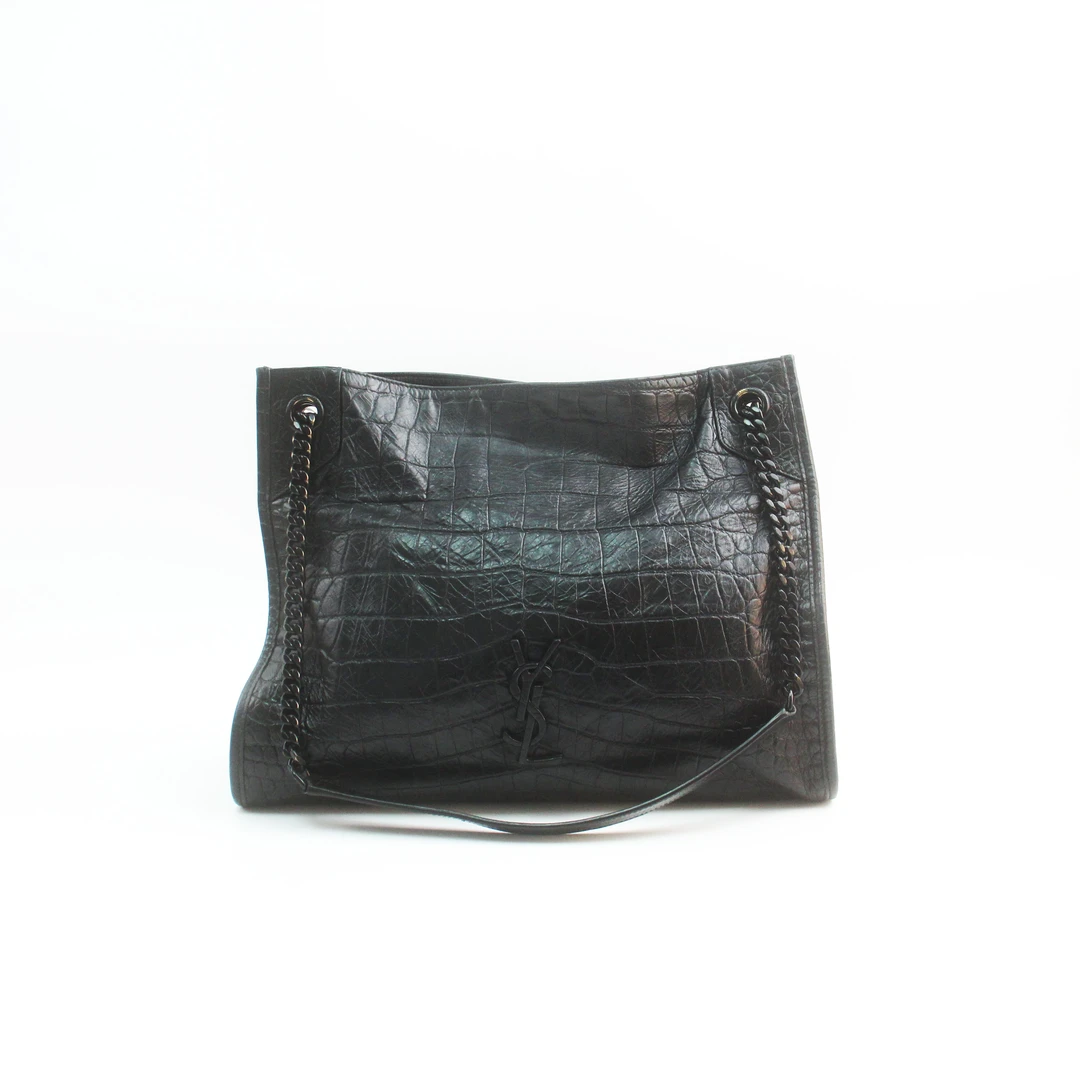 95新 YSL/圣罗兰 黑色鳄鱼压纹Niki Shopping中号单肩包 78835B