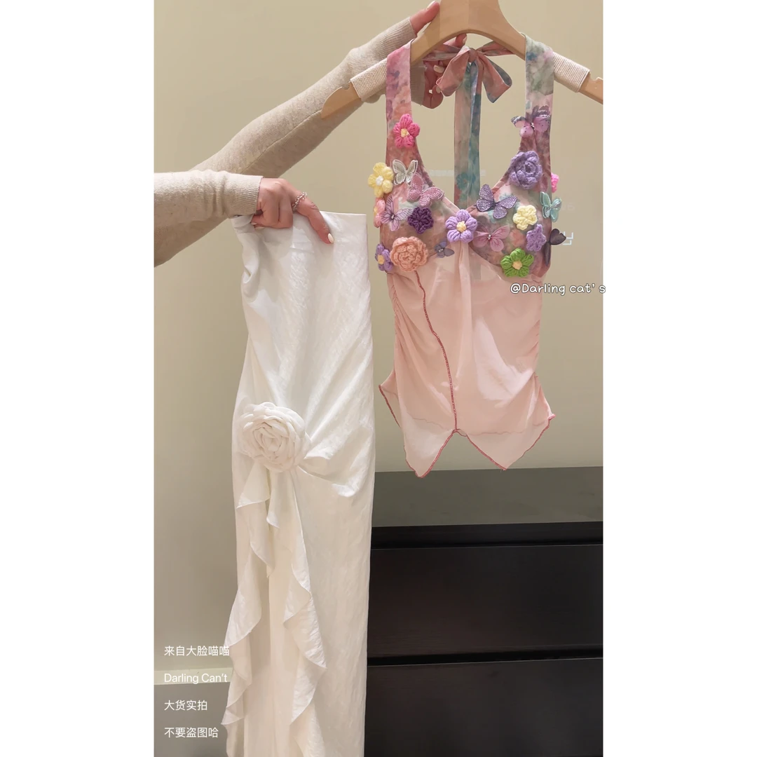 大脸喵 花涧集 绝美晕染性感辣妹挂脖吊带背心女夏季微透显瘦上衣