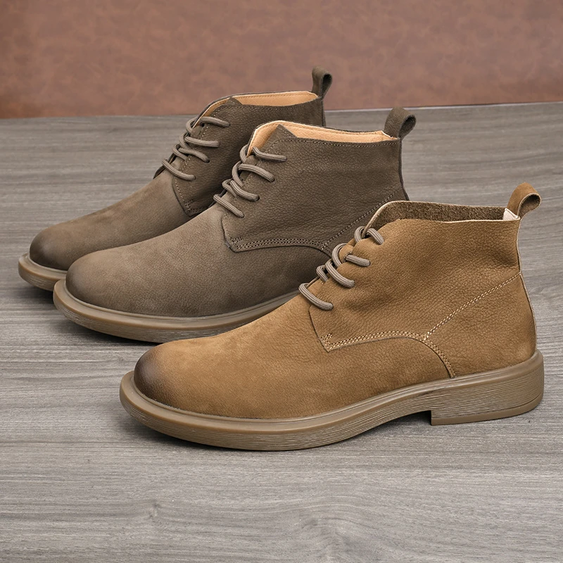 秋季中帮男鞋休闲马丁靴宽头皮鞋男复古系带靴子潮流百搭单鞋真皮