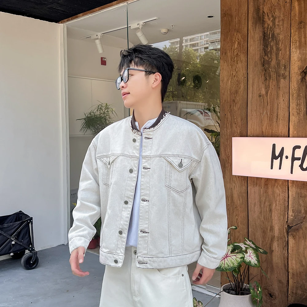 美式复古水洗牛仔外套男春秋潮牌高街痞帅短款夹克宽松拼接牛仔服