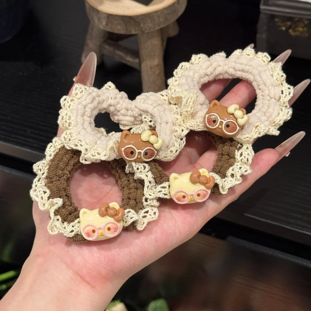 可爱咖色系眼镜KT猫发圈毛绒蕾丝花边马尾皮筋少女百搭丸子头发绳