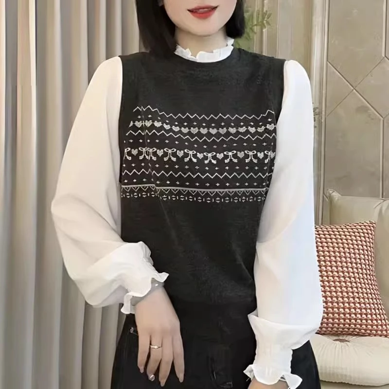 假两件长袖打底衫女2025春季新款韩版时尚拼接花边领洋气百搭上衣
