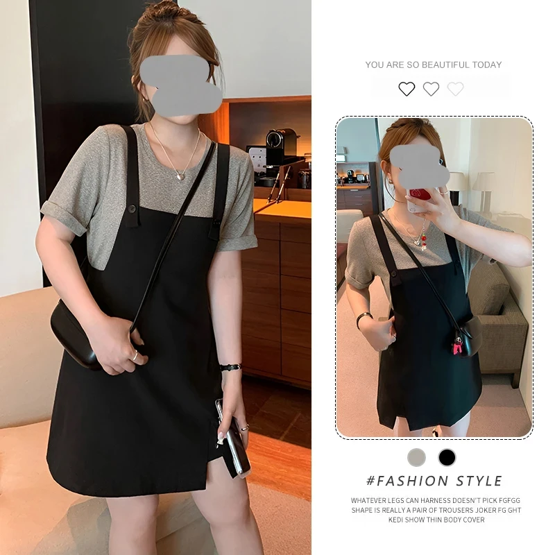 假两件圆领短袖连衣裙女装2025新款夏季超好看独特漂亮收腰a字裙