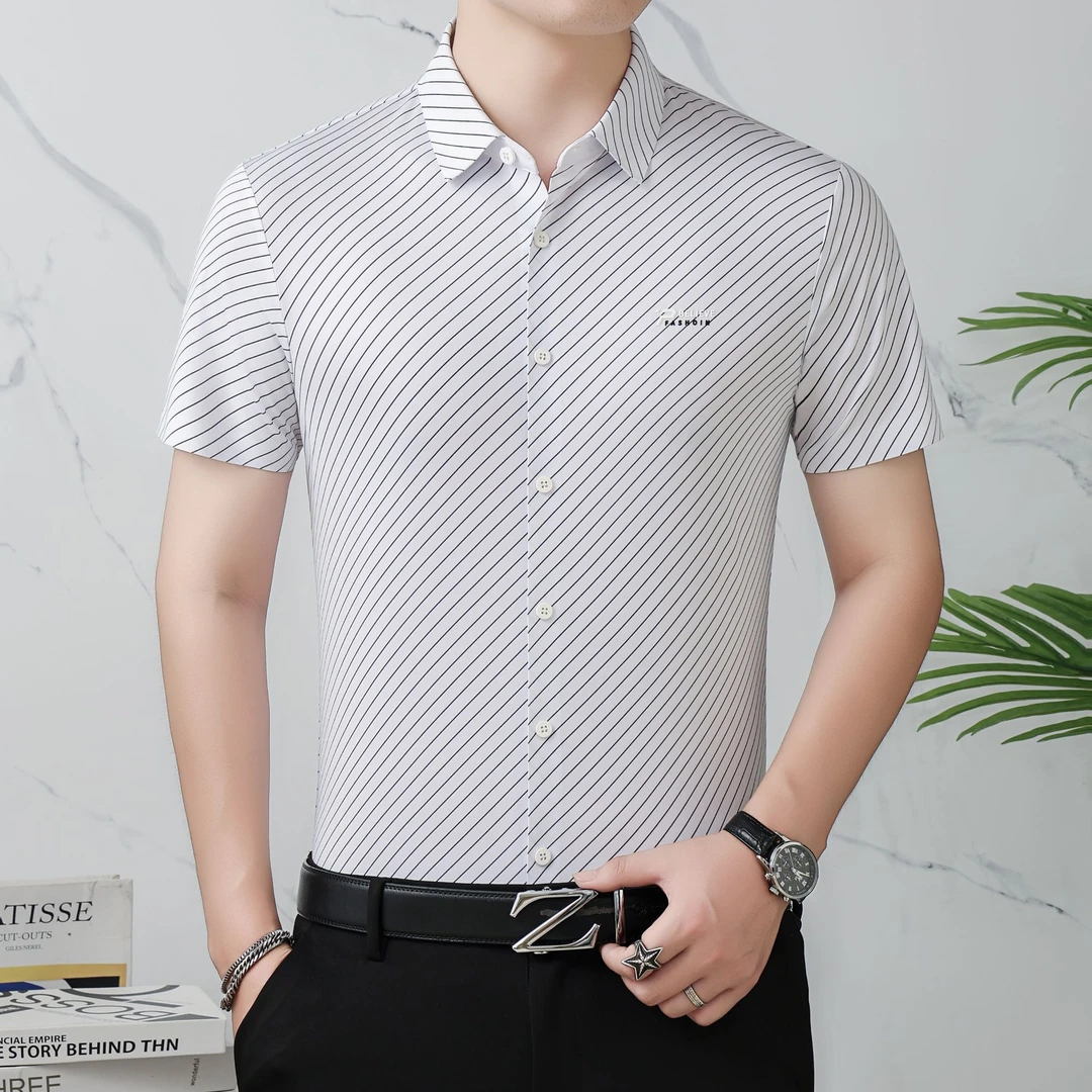 【悠悠专属】夏季新款条纹衬衫时尚男商务短袖小衫 25986 # 白