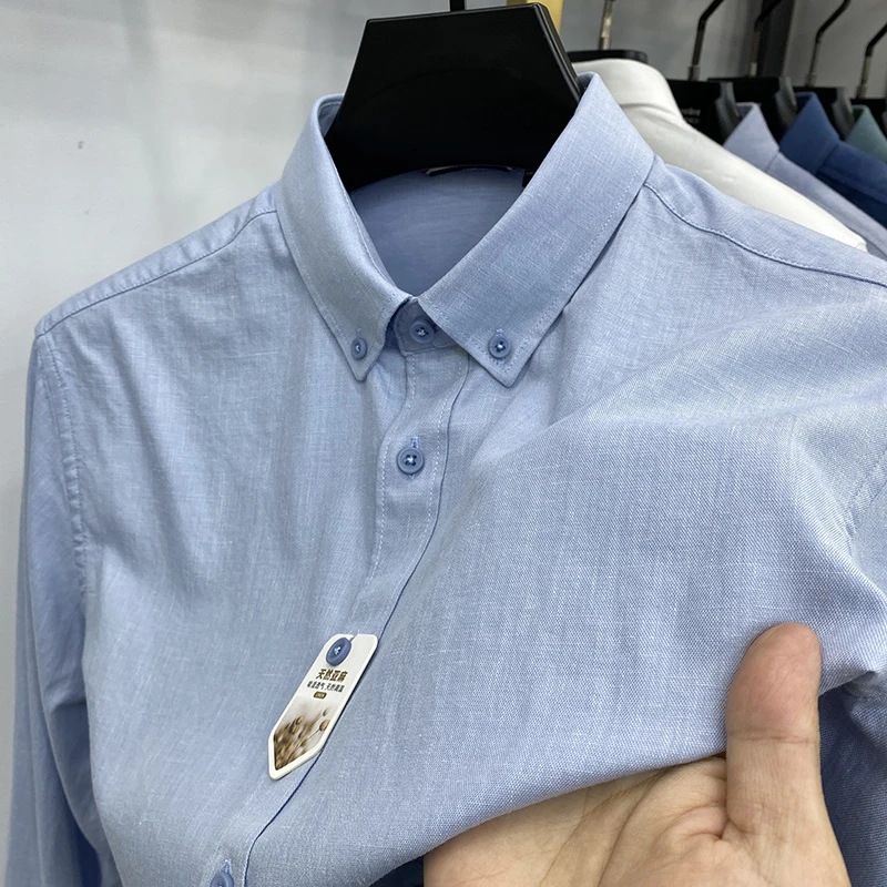 John Bunni高端天然棉麻纯色长袖衬衫男士秋季透气休闲上衣衬衣