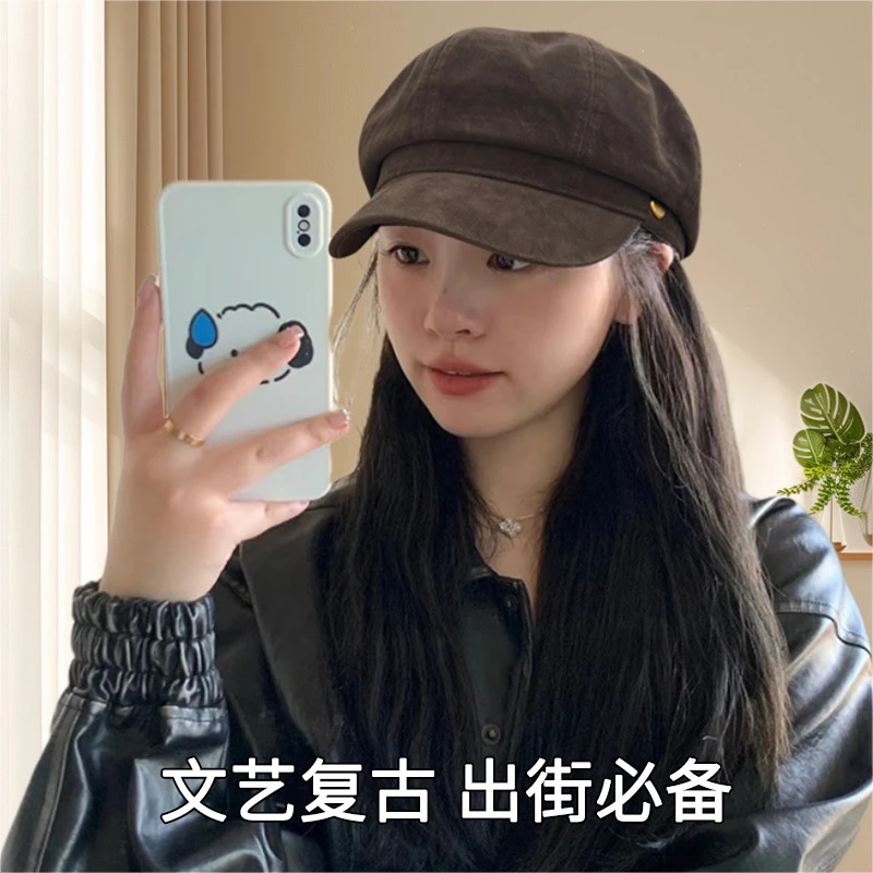 棕色八角贝雷帽子女春夏季大头围复古画家报童帽短檐八角帽女款