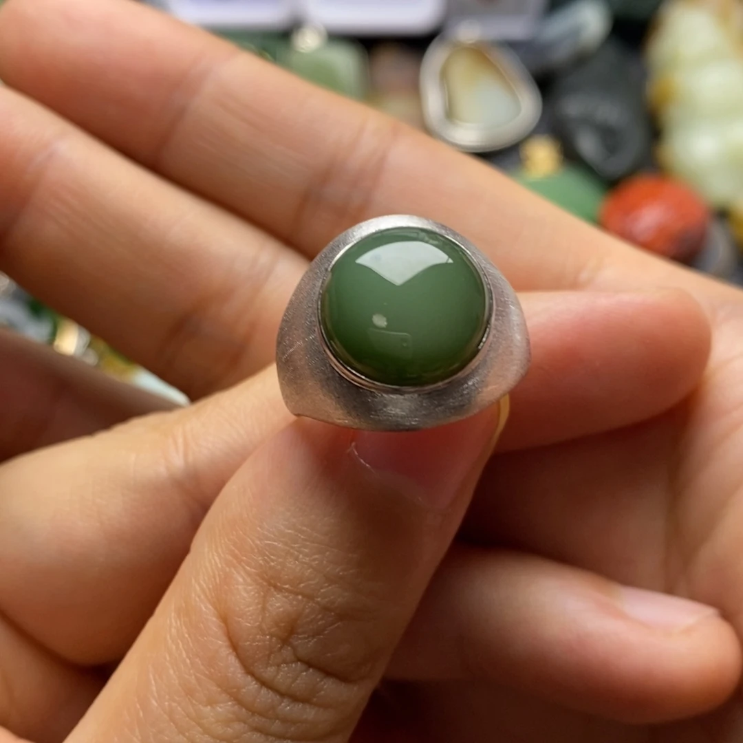 和田玉银S925镶嵌珠宝半成品圈口15.5