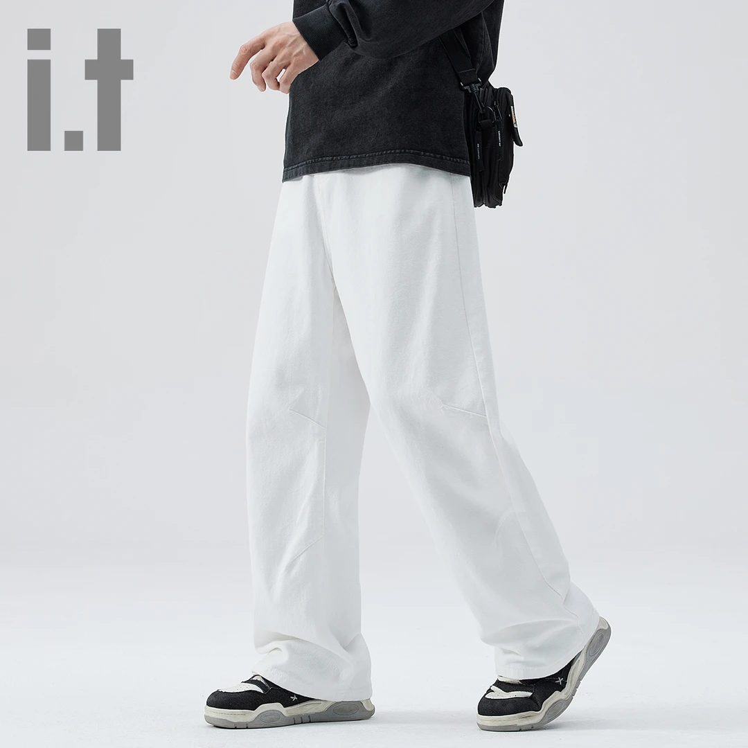 i.tccaabb磨白纯色褶皱感拼接百搭日1大学男男款四褪色牛仔裤