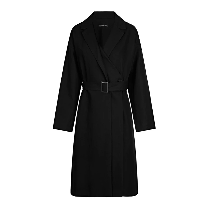 S·DEER圣迪奥女装黑色通勤风西装领拼接收腰长款风衣S21381811