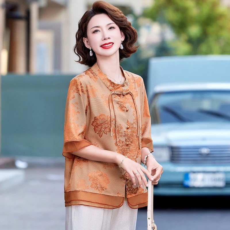 妈妈装夏装新中式开衫气质中老年宽松时尚母亲节夏季中袖国风上衣