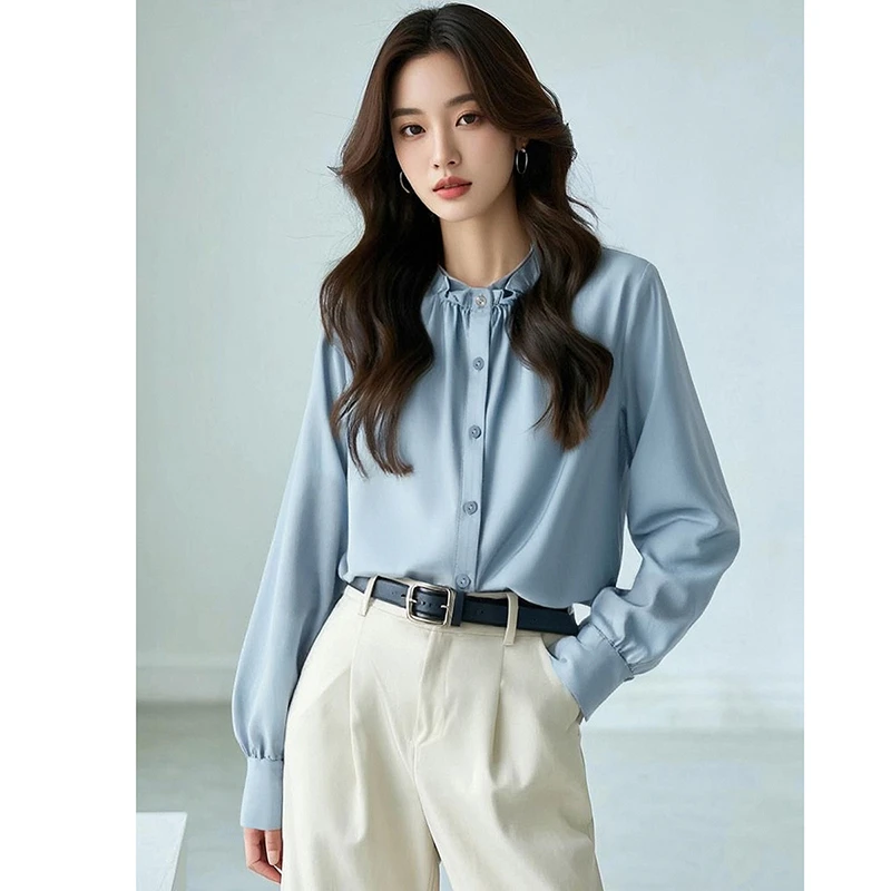 晚白【断码清仓】2025圆领捏褶衬衫女25071224