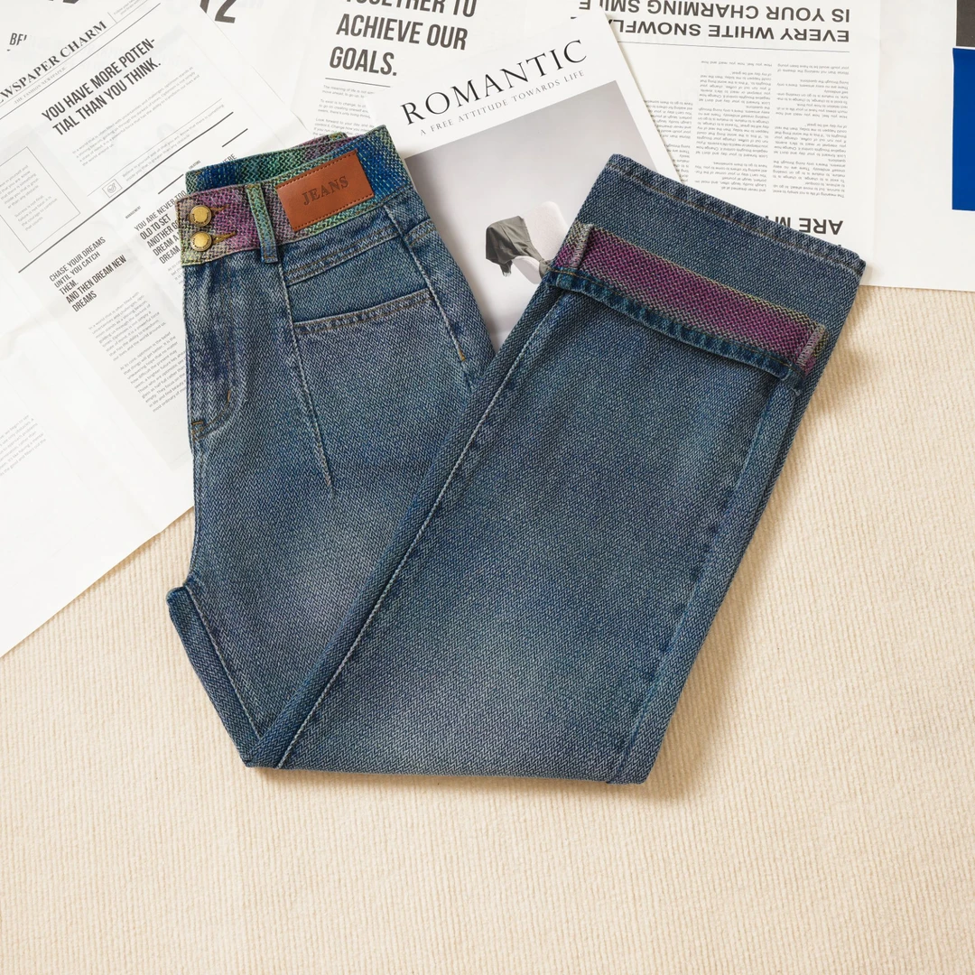 【七彩祥云】芯空纹牛仔裤女2025春夏新款小个子高腰窄版阔腿裤