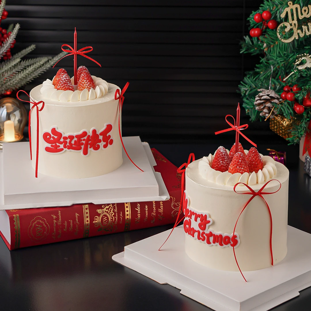 2026圣诞节快乐蛋糕装饰摆件Merry Christmas丝带蝴蝶结装扮插件