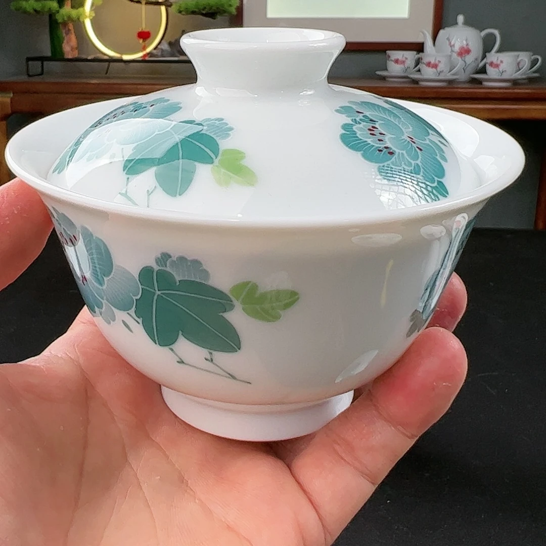 绿芙蓉两才盖碗微瑕