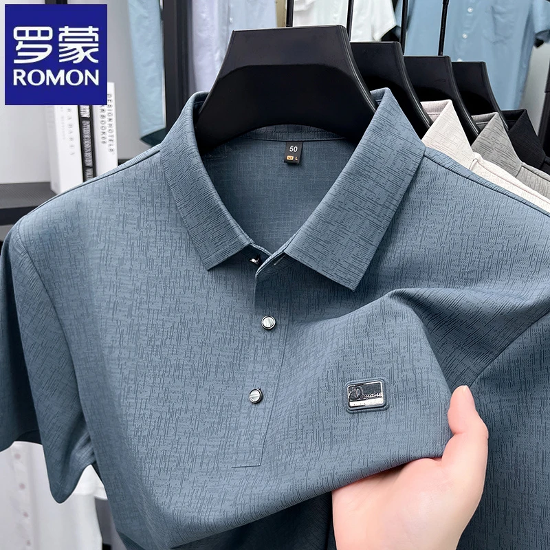 罗蒙中年商务爸爸装锦氨无痕短袖Polo衫夏季条纹休闲男士翻领T恤