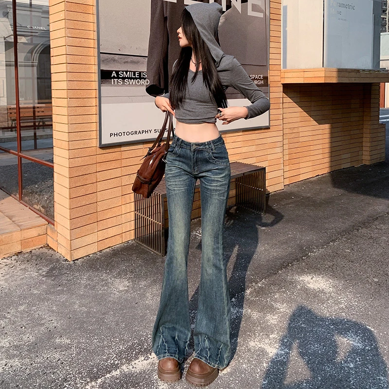 复古蓝牛仔微喇裤女2025春闪电纹设计感修身显瘦高腰水洗喇叭裤