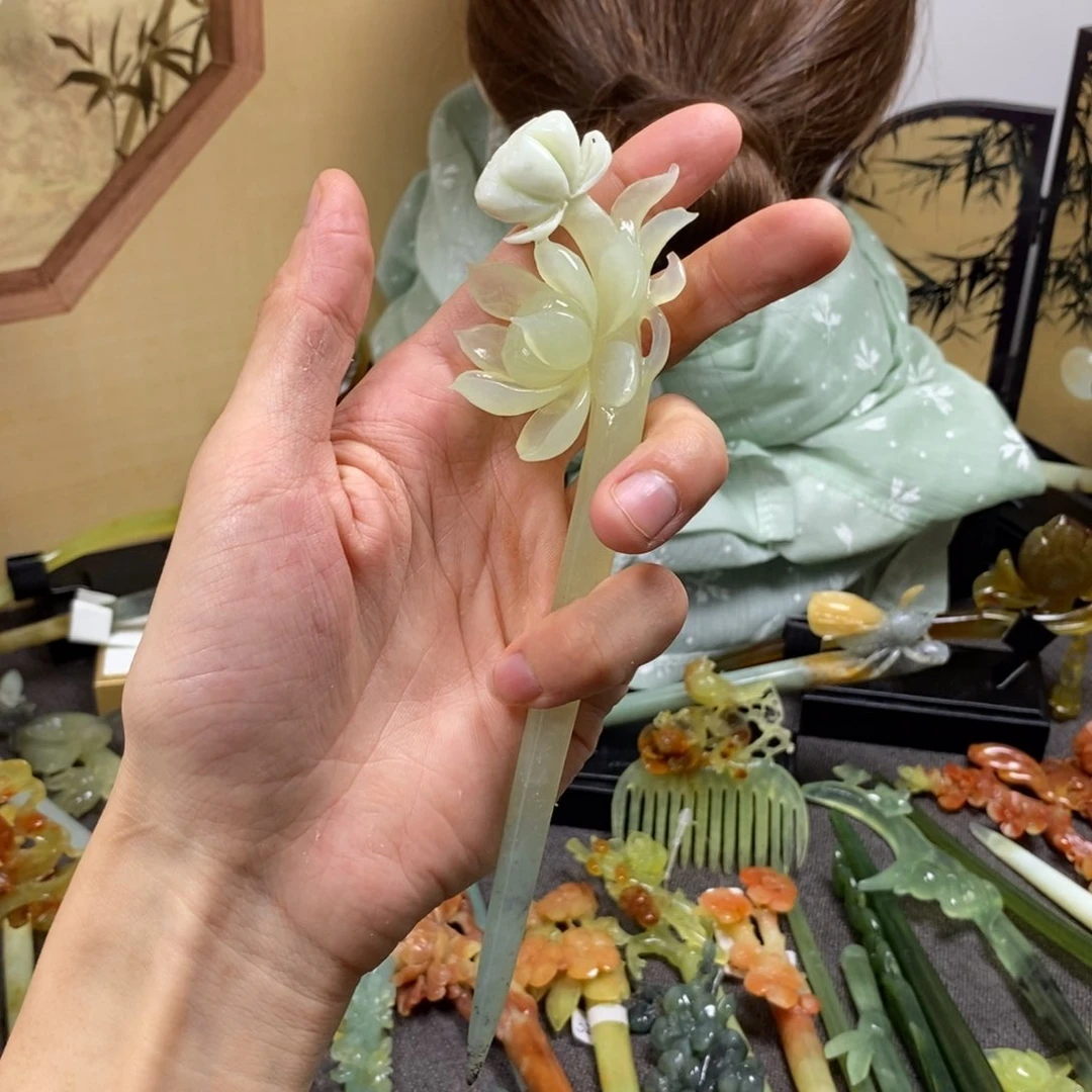 岫玉发簪未镶嵌足***8荷花