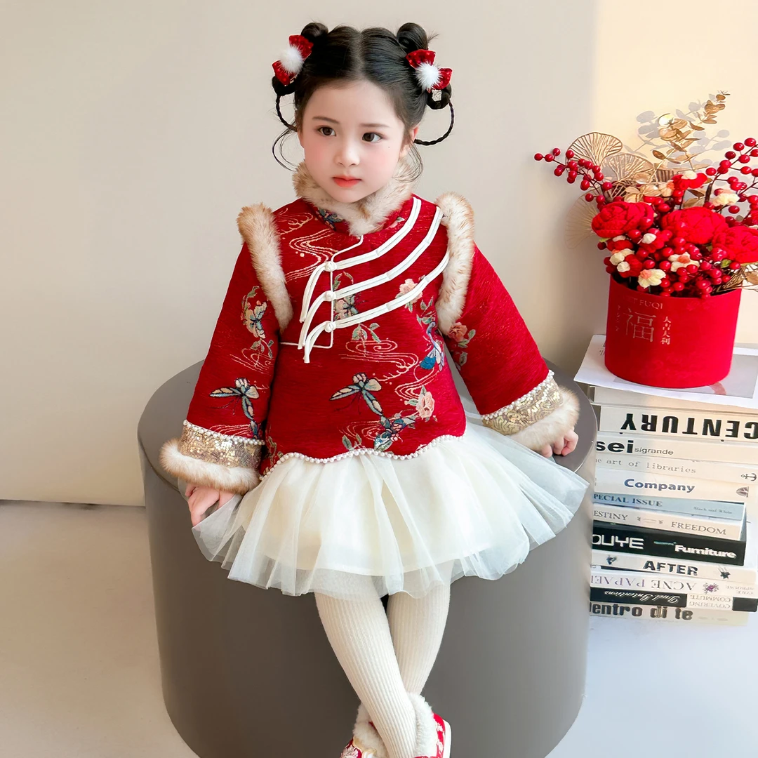 女童年服连衣裙儿童喜庆加绒拜年纱裙小女孩宝宝秋冬装2026新款裙