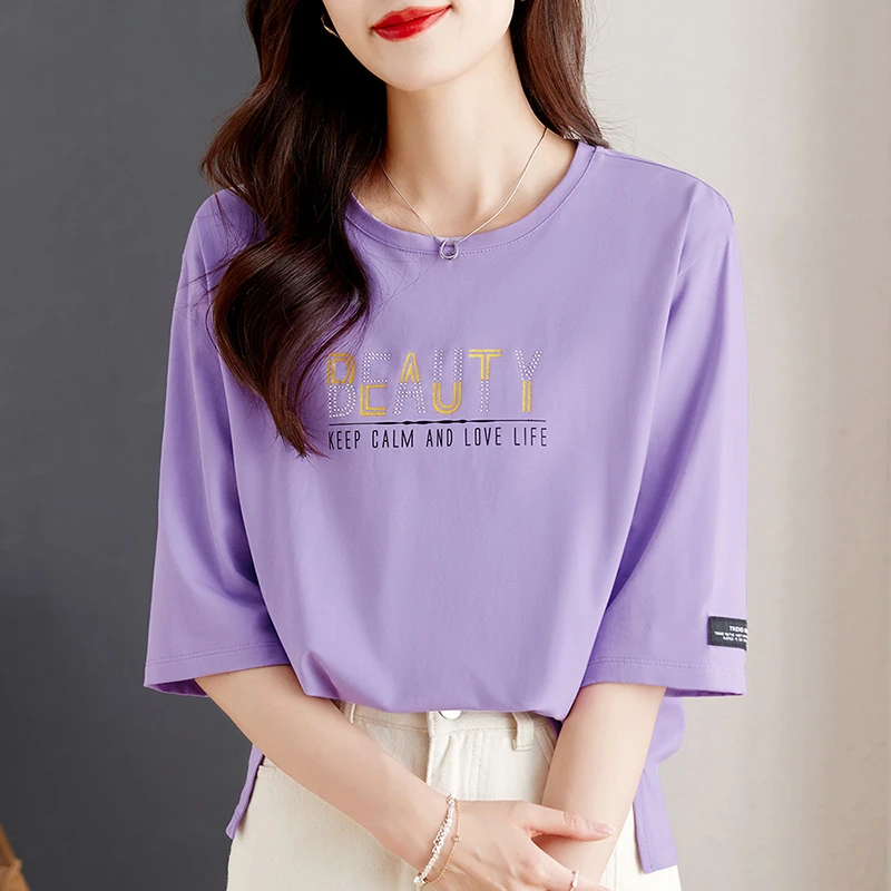 90支新疆长绒棉五分袖正肩宽松显瘦洋气短袖t恤百搭圆领中袖女装