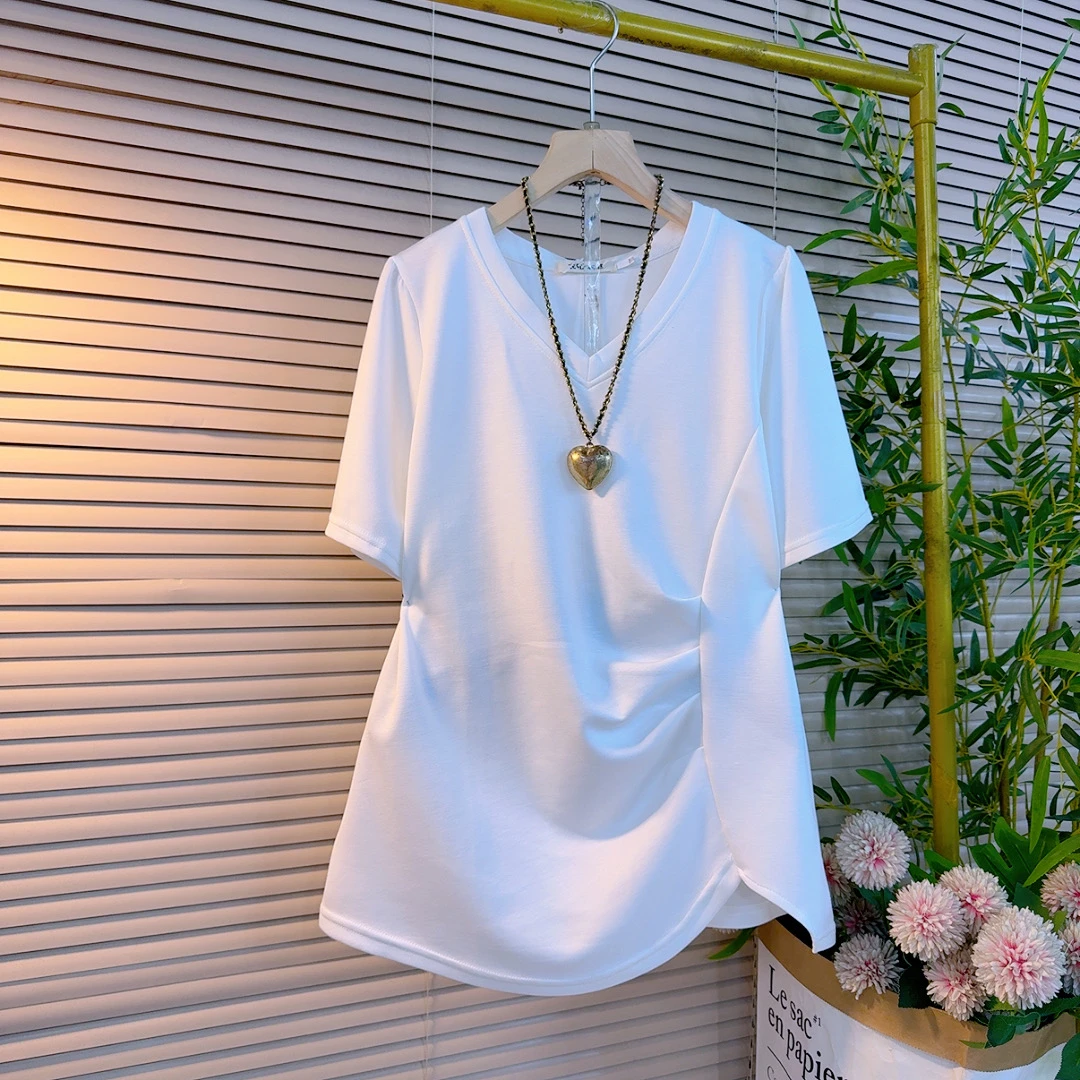 9222胖mm新款不规则褶皱开衩小众设计感纯色V领显瘦经典百搭衫