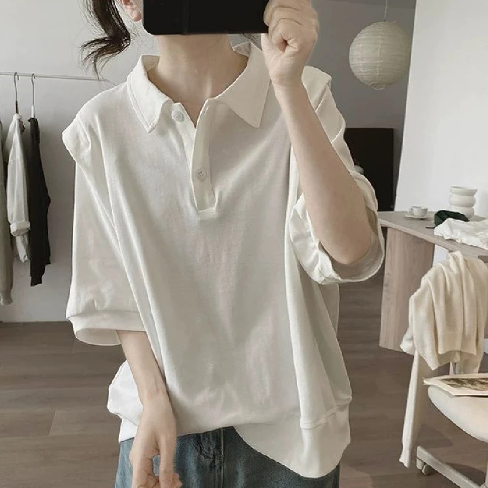 纯棉t恤女夏季新款宽松显瘦减龄简约POLO衫女设计感短袖翻领上衣