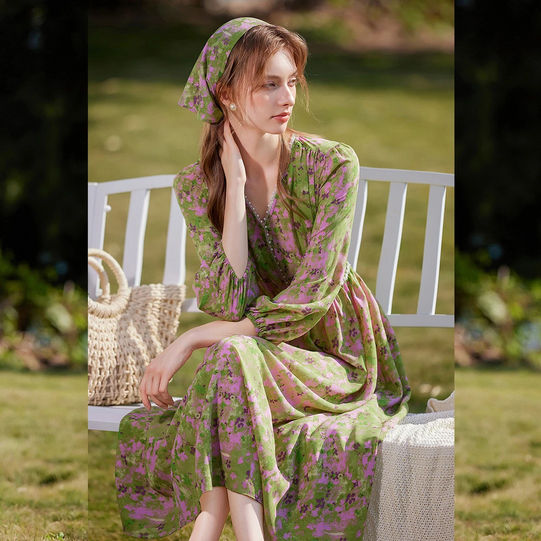 白鹿语欧若假日风25春印花修身女裙子泡泡袖连衣裙WBY20042