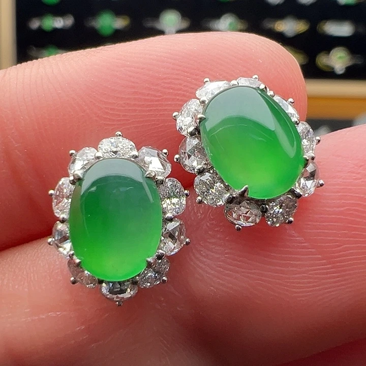 翡翠18K金镶嵌耳饰蛋面8