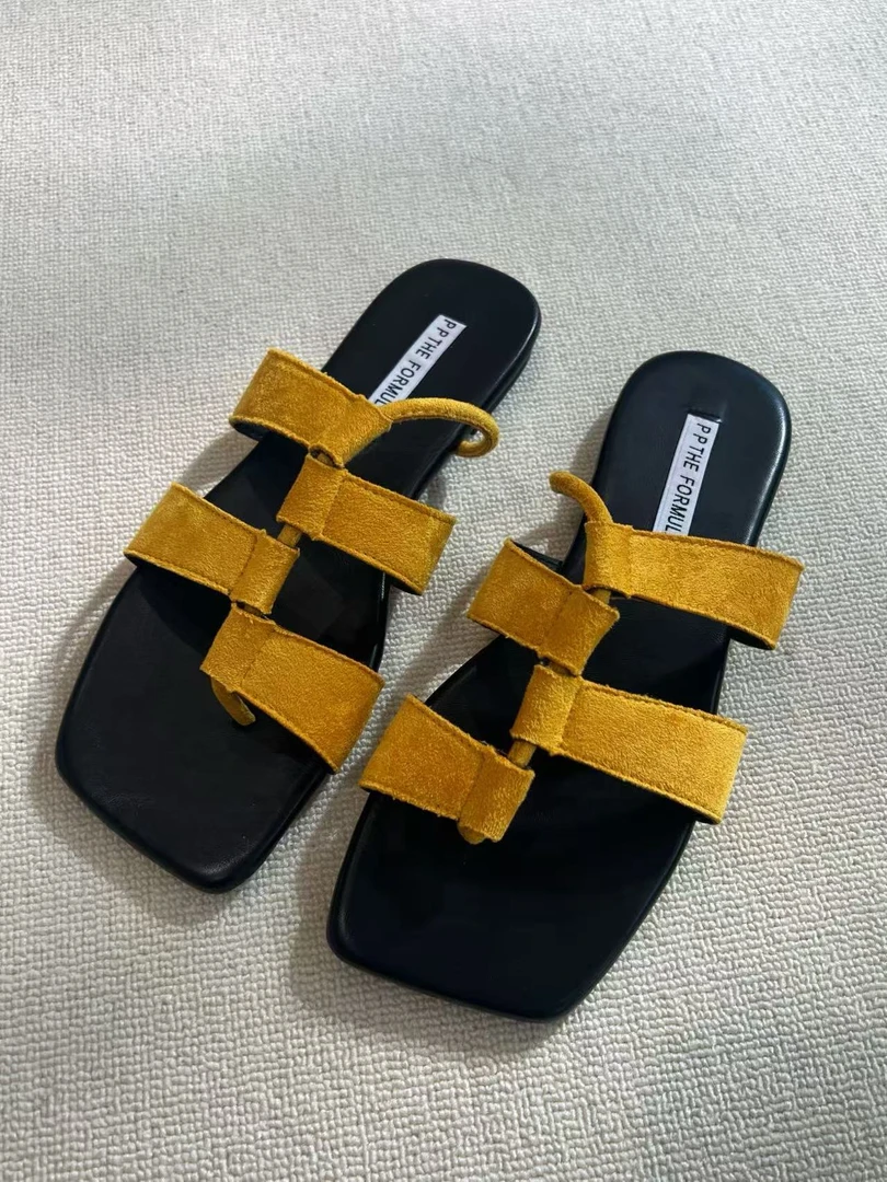 方和屿.方头平底修面皮胶粘鞋舒适一字拖凉鞋露趾夏季经典65087