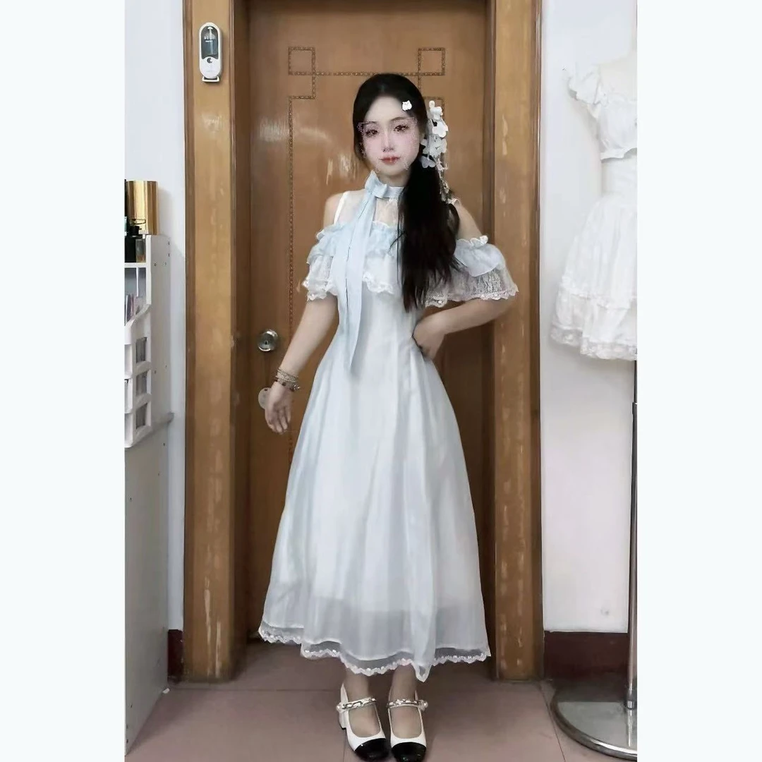 YWY自制蓝风星河温柔甜美清楚系少女白色气质连衣裙蕾丝长裙8806
