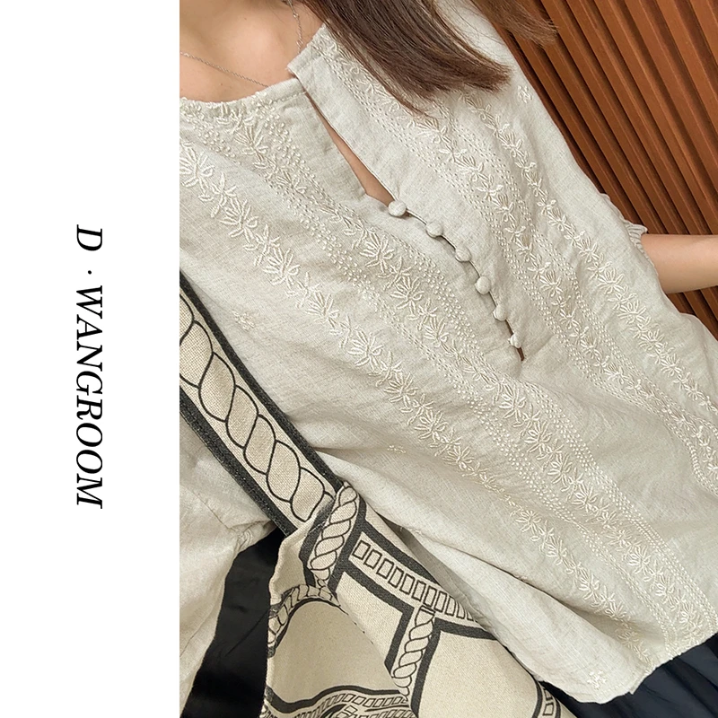 丁小晗【南屏晚风】“莱赛尔+亚麻丨重工刺绣”7分袖排扣小衫CS88177