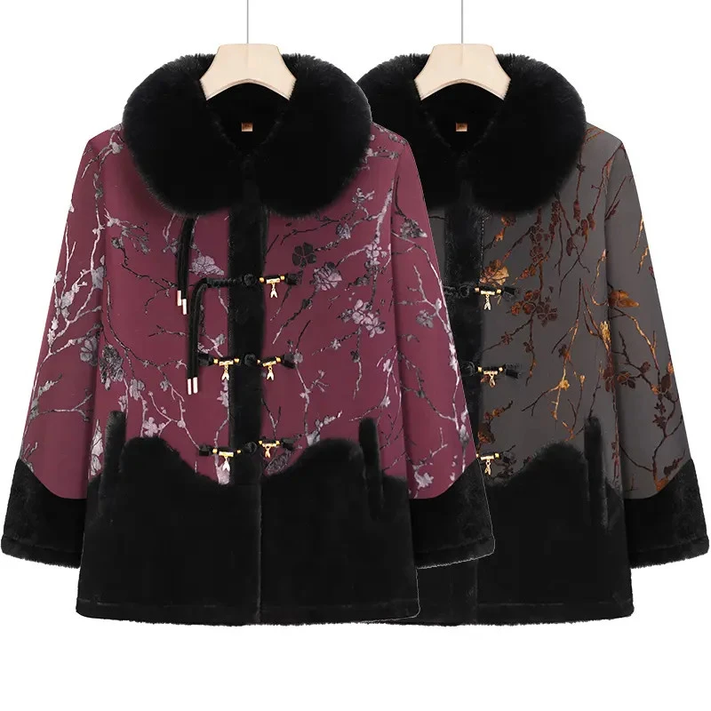 老人冬季保暖棉衣中老年人妈妈一体绒加绒外套女奶奶毛领保暖棉服