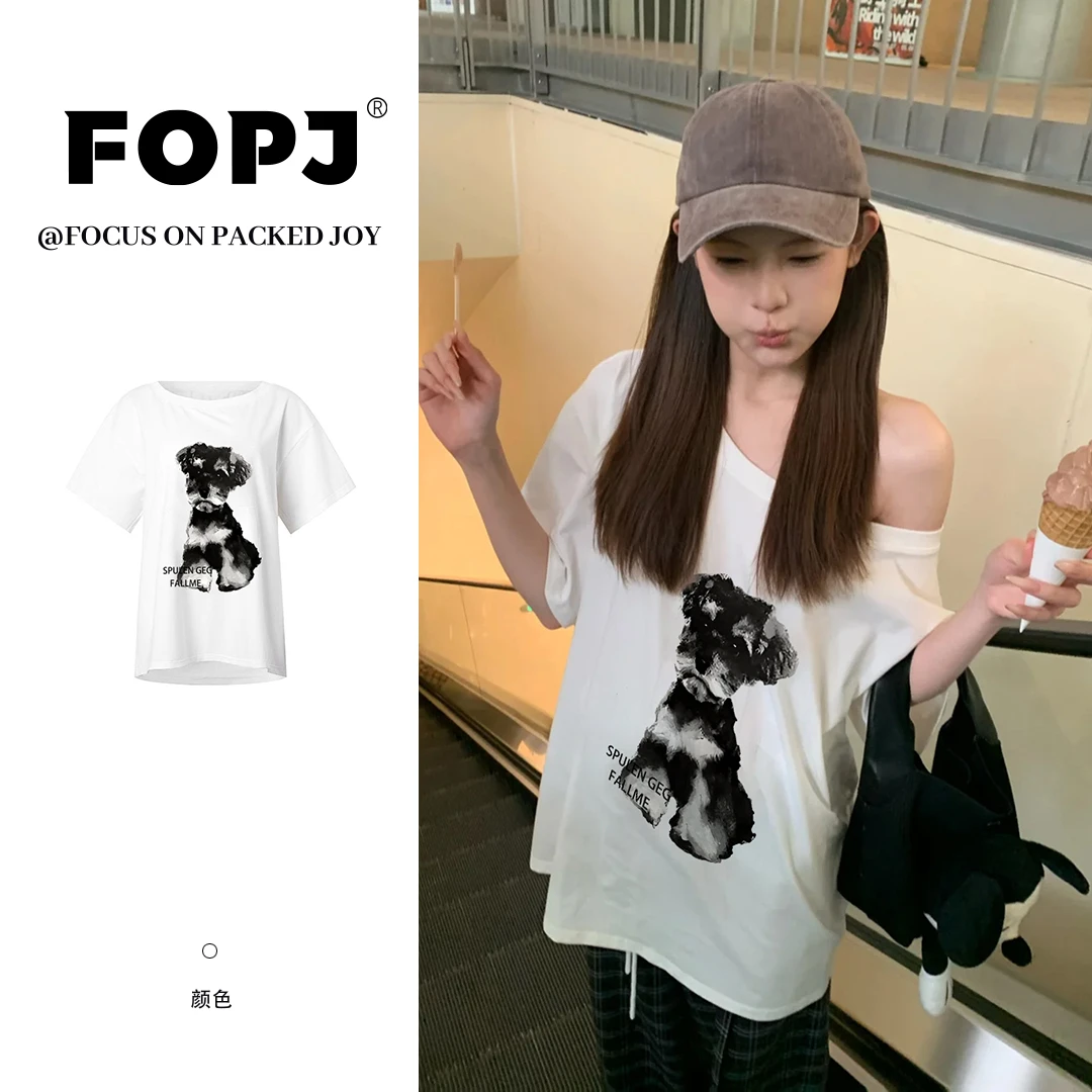 FOPJ美式时尚夏季新款斜领露肩t恤短袖女雪纳瑞印花慵懒风ins上衣