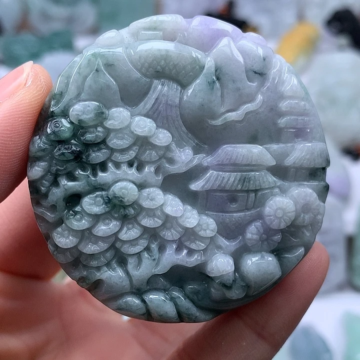 翡翠未镶嵌颈饰山水两面工艺卡厚13.8