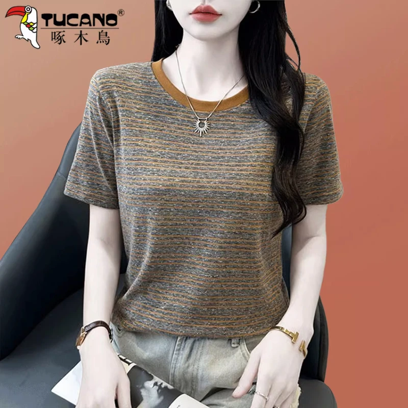 啄木鸟正品正肩条纹短袖t恤女夏2025新款宽松显瘦遮肚子休闲上衣