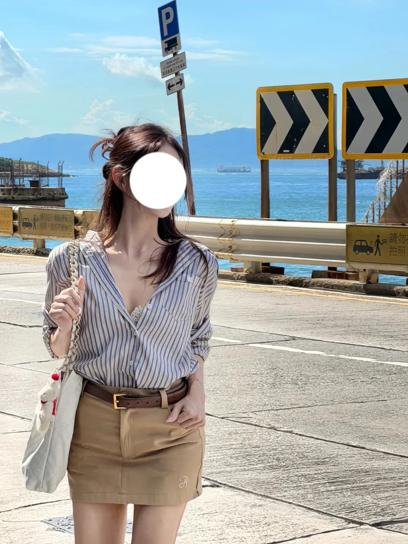 气质时尚套装女夏季POLO领条纹衬衫小个子盐系穿搭高腰A字半身裙