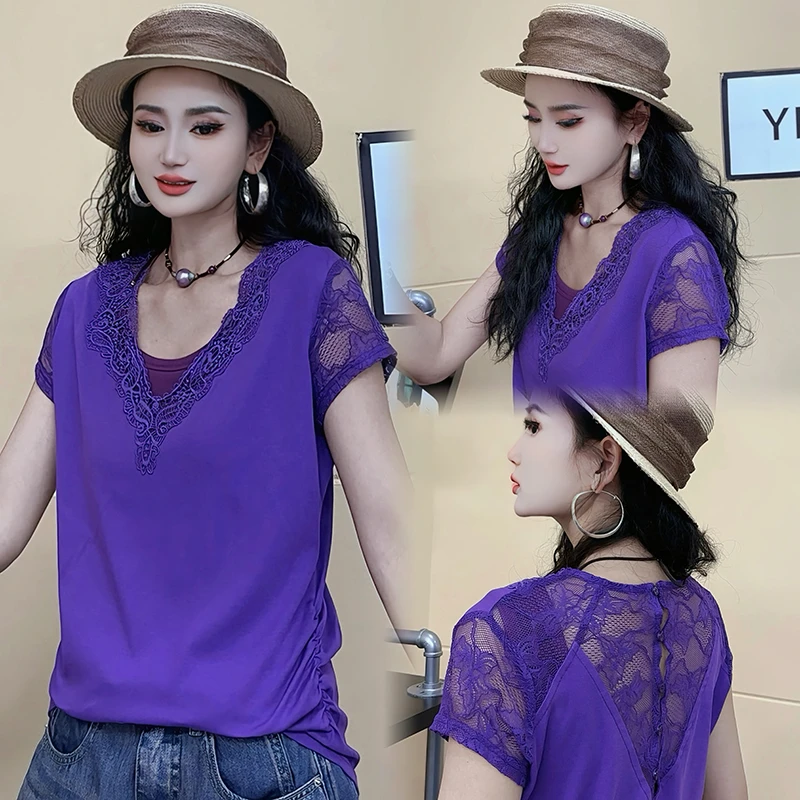 2025夏季背后拼接蕾丝短袖T恤女新款百搭休闲正肩显瘦上衣-7019