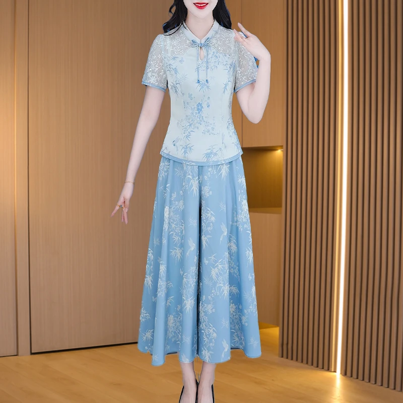 拉夏贝尔中式国风套装女2025夏季贵夫人品牌妈妈送高考旗袍两件套