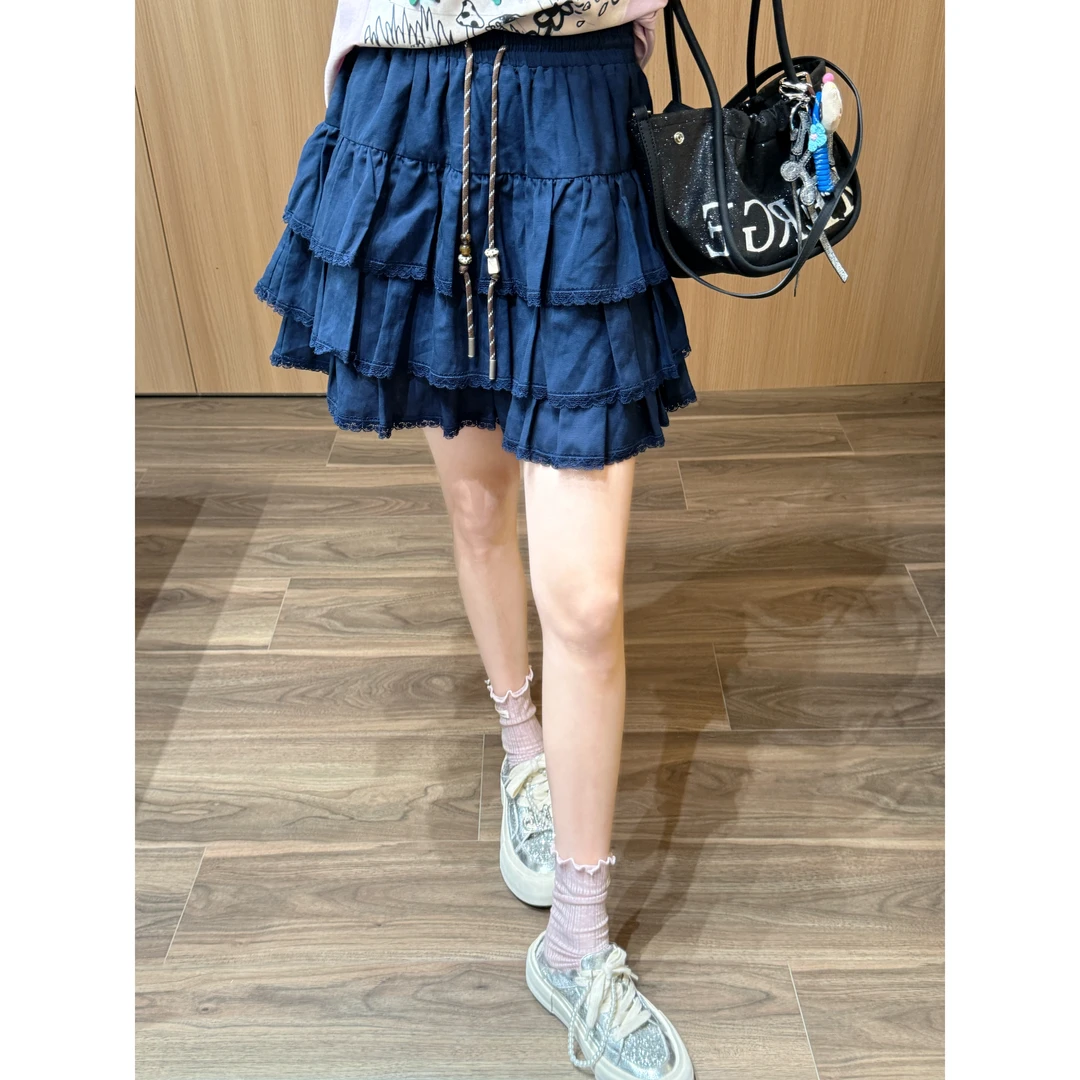 谢荞荞「京都快歌」夏季莱赛尔亚麻串珠松紧腰蕾丝花边高腰短半身裙