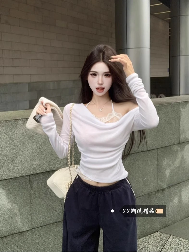 假两件斜肩荡领长袖T恤女2025秋季新款法式蕾丝挂脖打底衫上衣